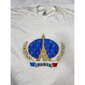 F.S. Paris Vintage Single Stitch Embroidered Eiffel Tower White Shirt Sz XL